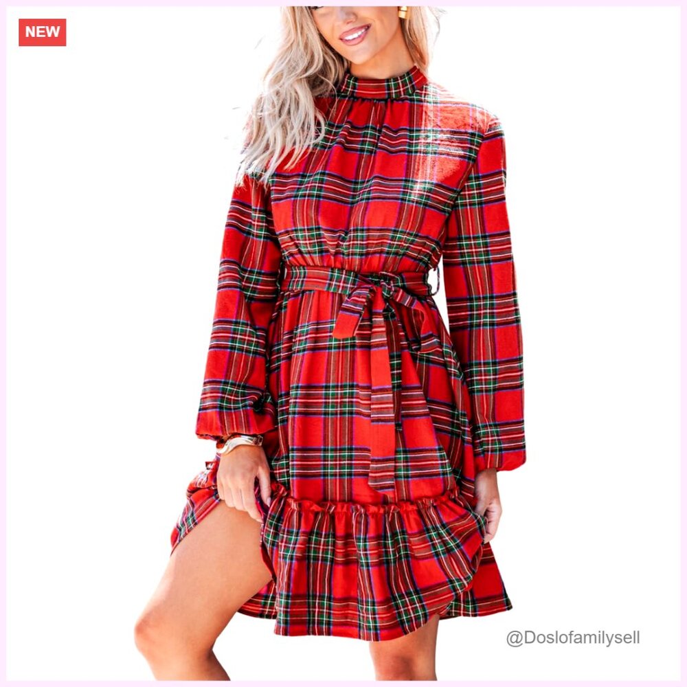 Winter Plaid Mini Dress Long Sleeve High Neck Tie Back Belted Ruffled Hem